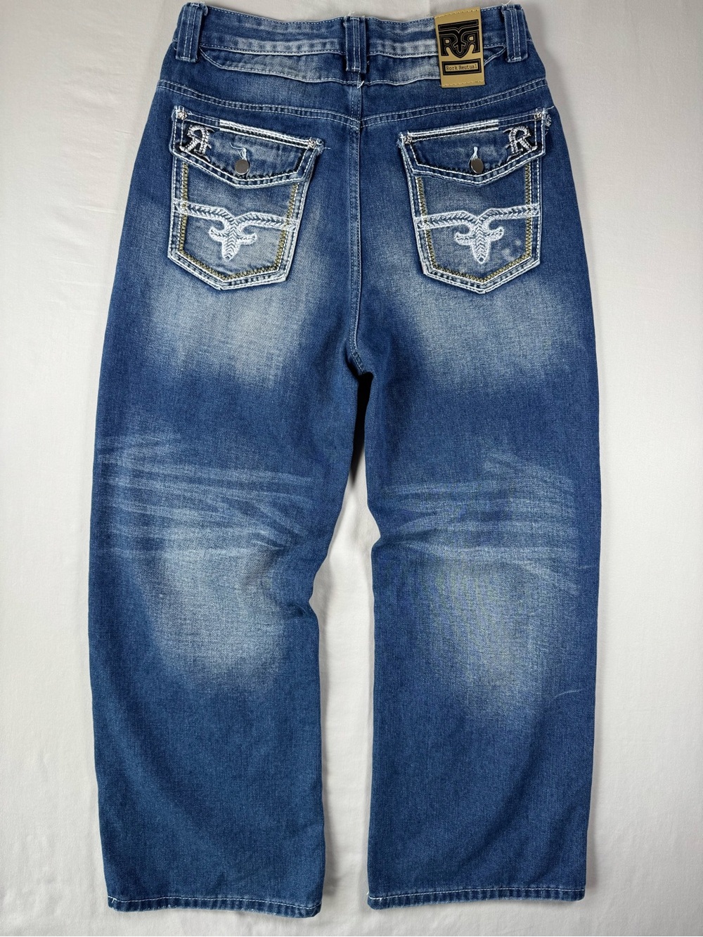 Men’s Y2K Baggy Wide Leg Jeans Embroidered Flap Pocket Medium Wash 30x28 - Picture 2 of 11